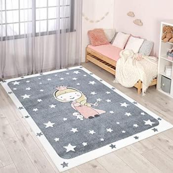 Carpet City Kinderteppich ANIME893, rechteckig, 11 mm, grau, Modern mit Mond, Blumen, Wolken, Creme, Multi