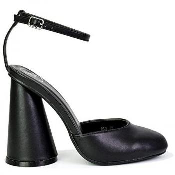 XY London Women's Ekin Ankle Strap Statement Cylinder Block Heel in Black – Size 5