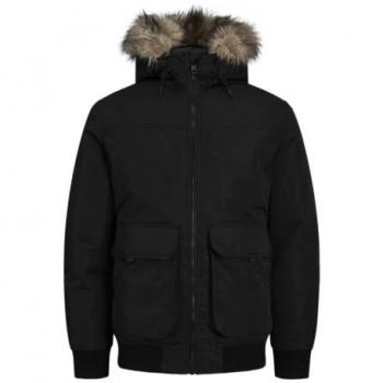 Jack & Jones Herren Bomberjacke JJCONSTRUCT mit abnehmbarem Kunstfell-Rand, Schwarz, Größe XXL