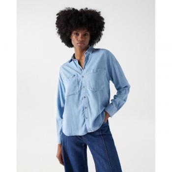 Camisa de manga larga en denim claro para mujer