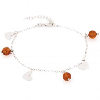 Brown Amber Cognac Hearts Silver Bracelet