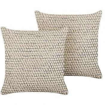 Set of 2 Boho Style Beige Cotton Decorative Cushions 45 x 45 cm Handmade