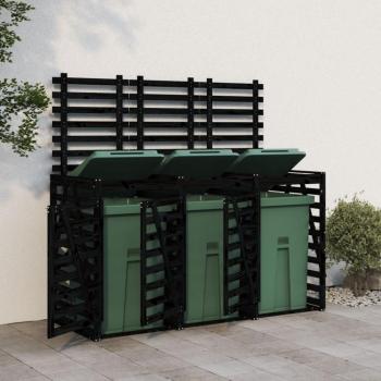Poubelle abri 3 compartiments, roues, bois pin noir – vidaXL
