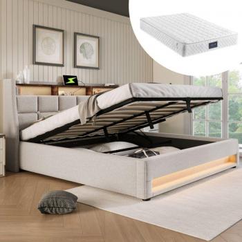 Double lit coffre LED lin beige, matelas inclus 160×200 cm