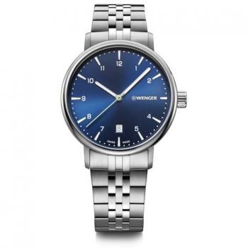 Wenger 01.1731.121 Metropolitan Herren Armbanduhr 40mm, Analog Quarz, Wasserdicht bis 100m, Edelstahl-Armband, Blau/Silber