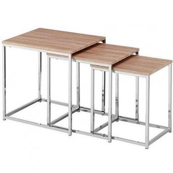 Lot de 3 tables acier chromé effet chêne clair