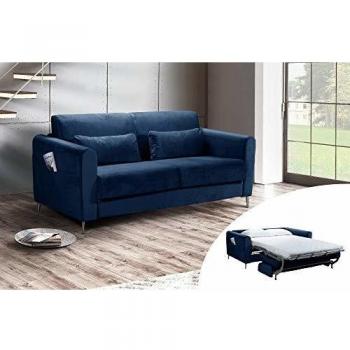 Owen Velours Bleu Nuit : Canapé 3 Places Convertible Matelas 12 cm