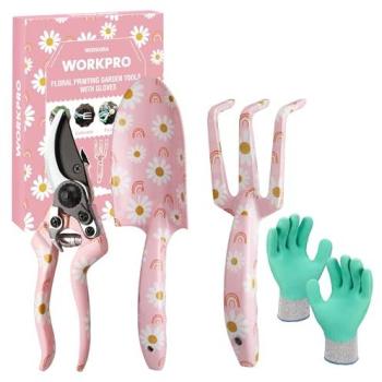 Pack jardinage 4 pièces : sécateur, truelle, râteau à main + gants en acier inoxydable