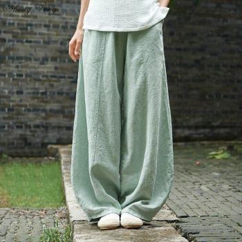 Damen Leinen Hosen, Weitbein, Elastischer Bund, Herbst/Winter, Plus Größe V1573