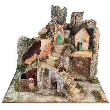 Presepe Plastico Illuminato con Mulini a Vento e Ad Acqua in Movimento 65x47x50 cm
