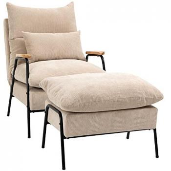 Homcom Fauteuil lounge style néo-rétro avec repose-pied, velours côtelé, beige, dimensions 68x88x91cm