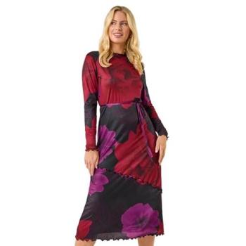 Roman Robe Maximale Rouge Petite Florale avec Ceinture