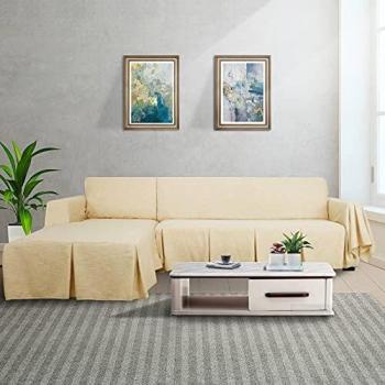 MAXIJIN L Shape Sofa Covers 2 Piece Corner Sofa Cover for Sectional Couch Linen Sofa Slipcover with Ruffles, Reversible Furniture Protector for Dogs (2 Seat and Right Chaise, Reed Green)