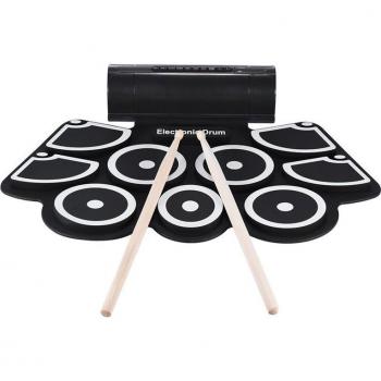 Kit Tambour MIDI Compact 9 Tampons + Haut-parleurs, Pédales, Pilons, Câble USB – Portable