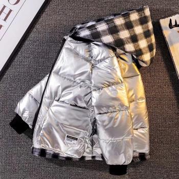 Manteau extérieur coupe doudoune à carreaux, capuche intégrée, fermeture éclair – Enfant 10‑12‑14 An