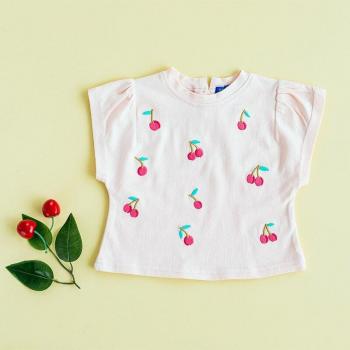 Baby Girls Short Sleeve Tops with Cherry Embroidery
