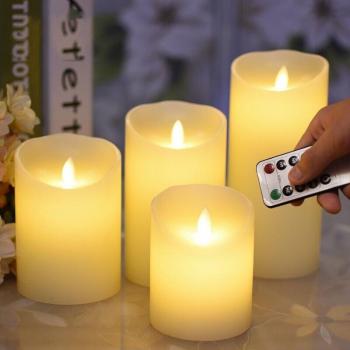 Pack de Velas LED con Control Remoto, Cera de Parafina, Mecha Móvil, 4 Columnas, Diámetro 8CM, Alturas 10/12/15/18CM