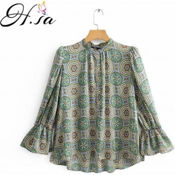 Blusa Floral Verde para Mujer, Estilo Vintage, Suelta y con Cuello Redondo