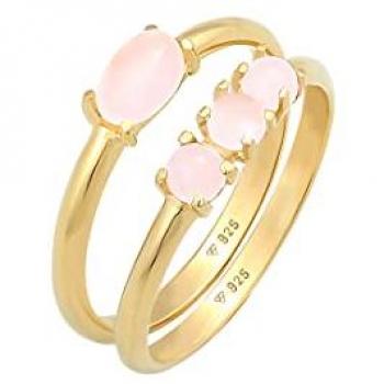 Solitärring ELLI Quarz Rosa Stapelringe 2er Set 925 Silber Gr. 54, gold (gold, rosa), Fingerringe, Damen, 54mm, mit Steinen, Silber 925 (Sterlingsilber)