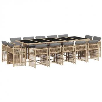 15-Piece Outdoor Dining Set with Cushions in Sand Poly Rattan