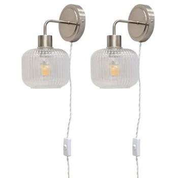 Dual Toby Wall Sconces in Satin Nickel, Ribbed Silver Glass