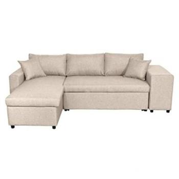 Canapé d'angle réversible OSLO convertible avec coffre et poufs en tissu beige
