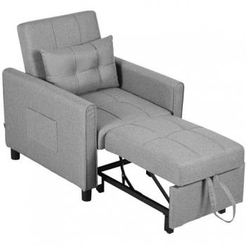 HOMCOM Pull Out Chair Bed Sleeper Chair with Pillow Side Pockets Light Grey