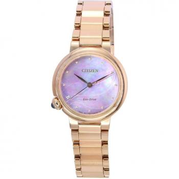 Citizen Eco-Drive Rose Gold: Reloj Femenino con Dial Perla Madre, Detalles en Diamante y Correa de Acero Inoxidable EM0917‑81Y
