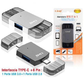 Adattatore OTG 2in1 Type-C + Lightning per Trasferimento Dati con 2 USB Femmina