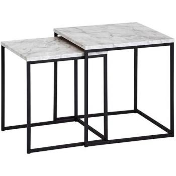 Design Beistelltisch 2er Set Marmor Optik Weiß, Couchtisch 2 teilig Tischgestell Schwarz