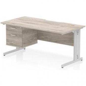 Impulse 1600x800mm Scalloped Grey Oak Office Desk – Cable Managed, Fixed Leg and Dual Drawer