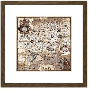 Map of Saxton, Wight, Southampton (1575) – 8x8 Square Framed Picture with Brown Mount