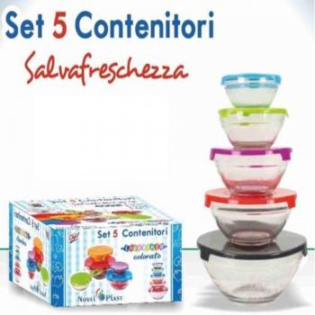 Set di 5 Contenitori Vetro per Frigo con Coperchio Colorato