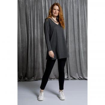 Maglia Donna Grigia Lunga Svasata in Jersey Punto Roma, Scollo a V, Maniche Lunghe, Taglia 52/54, Viscosa/Poliestere