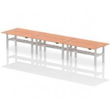 Height Adjustable 6 Person Bench Desk with Beech Finish Silver Frame