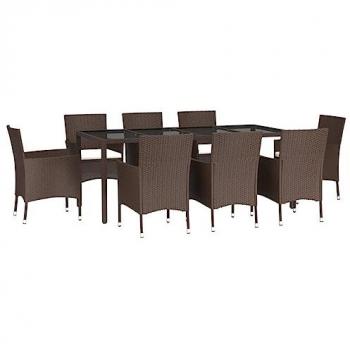9 Piece Brown Poly Rattan Outdoor Dining Set with Cushions