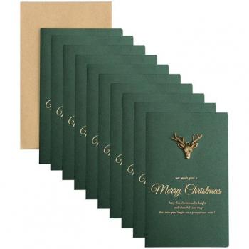 Paquete Navidad Retro: 10 Tarjetas Verdes y Sobres Dorados