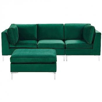 Sofá 3 plazas terciopelo verde con reposapiés y patas de metal Evja