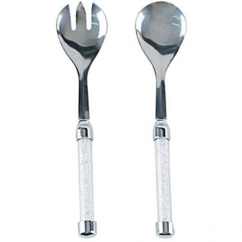 Cuchara y tenedor de acero inoxidable con decoración de cristal para ensalada, 2 uds