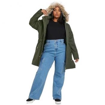 Dark Green Faux Fur Trim Parka for Women – Size 16
