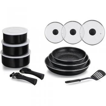 Ensemble de cuisson revêtement pierre amovible, 15 ustensiles, noir, marque Herzberg modèle HG8091-15-BK