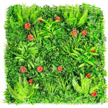 Red Rose Green Faux Plant Wall Hedge – 1m x 1m Panel