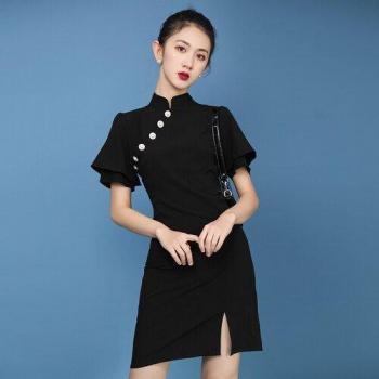 Robe Chinoise Qipao Mini Slim à Manches Courtes