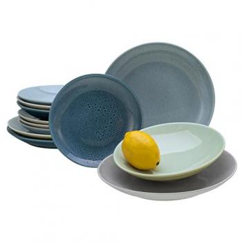 Nostalgic Black & Aqua Ceramic Plate Ensemble – 12 Pieces