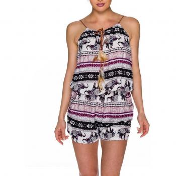 Korallenroter Jumpsuit in kurz, buntes Elefantenmuster (S/M)