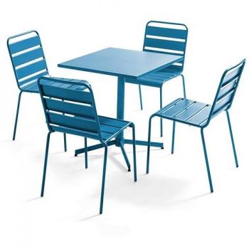 Mesa de jardín cuadrada Palavas con 4 sillas azul pacífico y bandeja reclinable