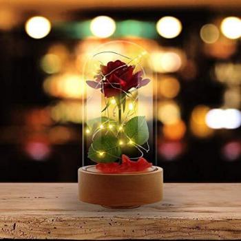 Glimmering Crimson Rose in Glass Dome