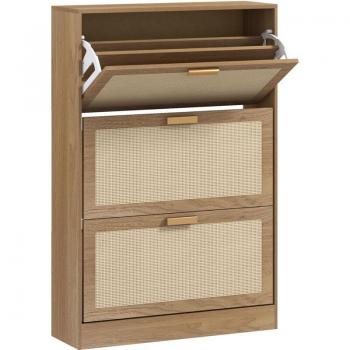 Rack Scarpiera 18 Paia, 3 Cassetti Ribaltabili – Legno/Rattan 80x25x120 cm