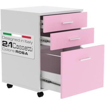 Cassettiera Office MDF Rosa, Mobiletto Scrivania 3 Cassetti