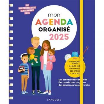 Mon Agenda Famille Organisée 2025: De septembre 2024 à decembre 2025. Avec 1 critérium, 1 pochette zippée, 1 bloc-note, des post-it et des stickers